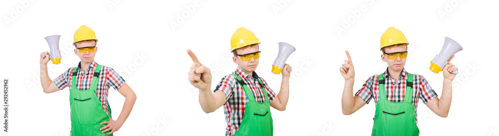 Funny construction worker with loudspeaker on white Funny construction worker with loudspeaker on white
