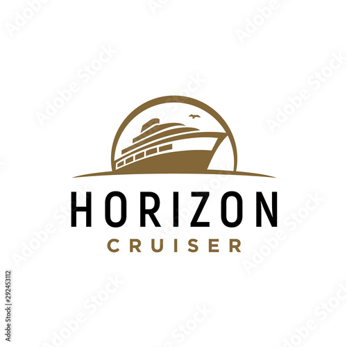 Silhouette Horizon Sailing Carnival Cruiser Ship Boat Yacht on Sea Ocean Logo design