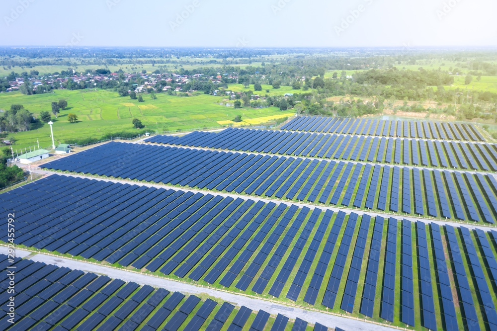 Aerial view from drone at solar farm in Thailand, A solar cell panels convert solar energy into electrical power for renewable energy.