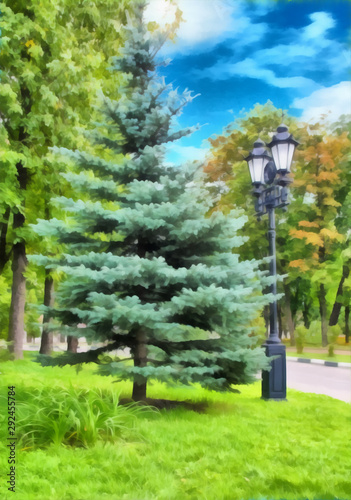 Watercolor city landscape. Park with a path among the trees.