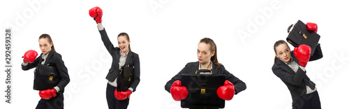 Businesswoman with boxing gloves isolated on white © Elnur