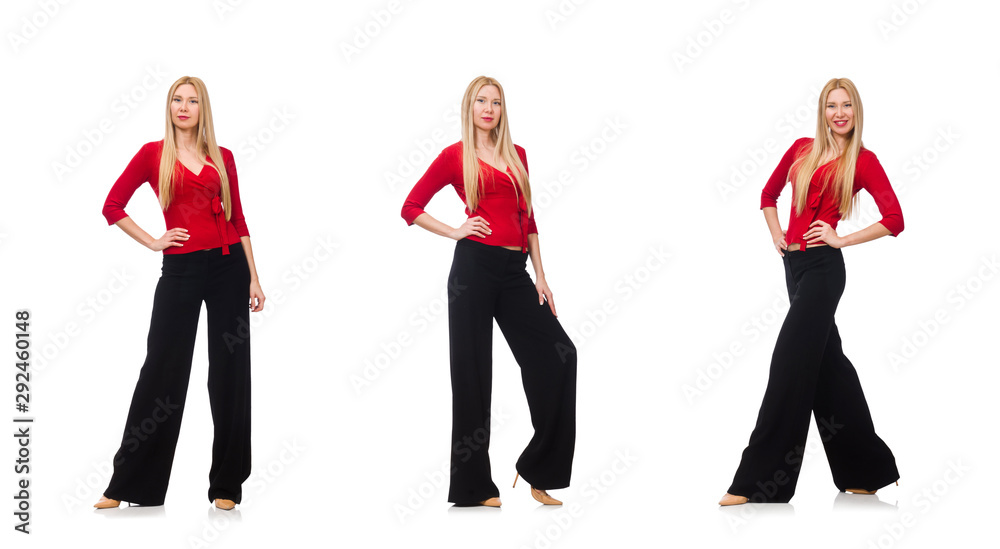 Young woman in flared pants isolated on white Young woman in flared pants isolated on white