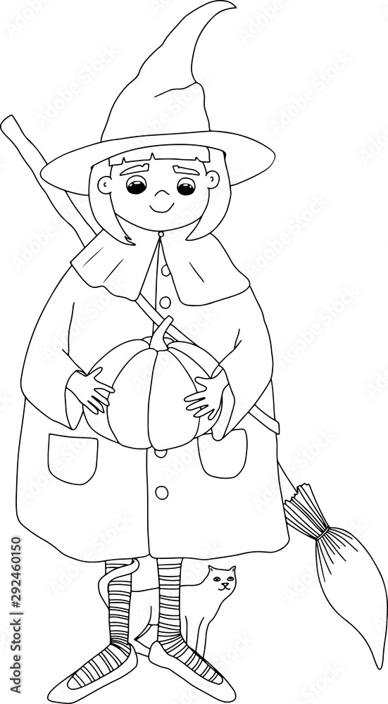 Happy Halloween. Halloween cute little witch. Girl kid in halloween costume holds a pumpkin. Perfect for cards,prints and coloring book Happy Halloween. Halloween cute little witch. Girl kid in halloween costume holds a pumpkin. Perfect for cards,prints and coloring book