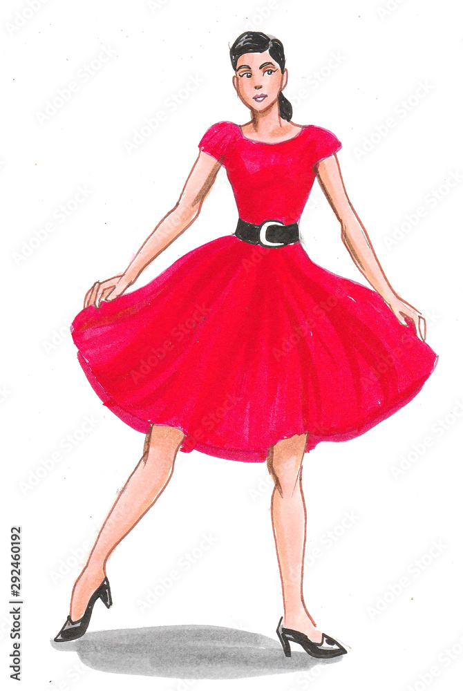 Pretty woman in red dress. Ink and watercolor illustration Pretty woman in red dress. Ink and watercolor illustration