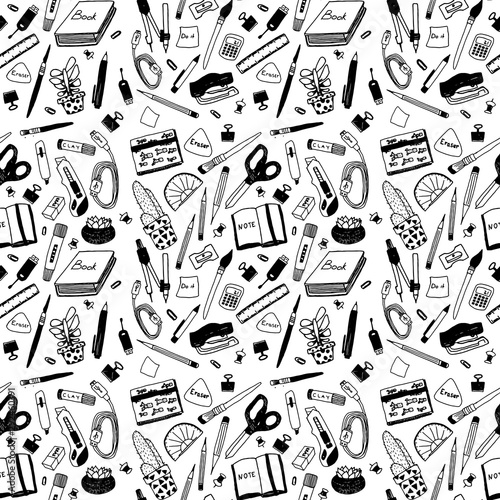 Hand drawn, vector seamless pattern school stationery items. Black on white background. Plants succulents, pens, pencils, brushes, stapler.