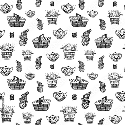 Isolated hand drawing seamless pattern sketch collection of vintage retro items for picnic