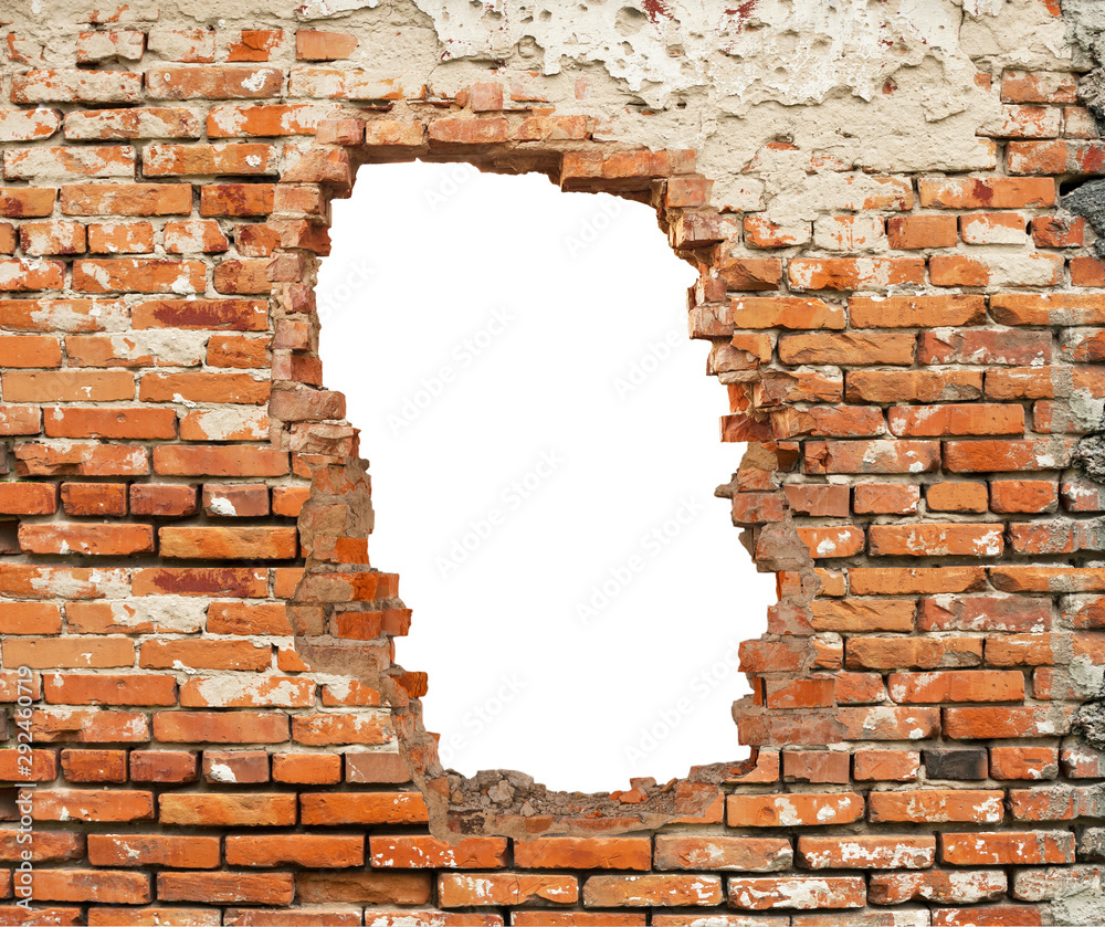White hole in brick wall. - obrazy, fototapety, plakaty 