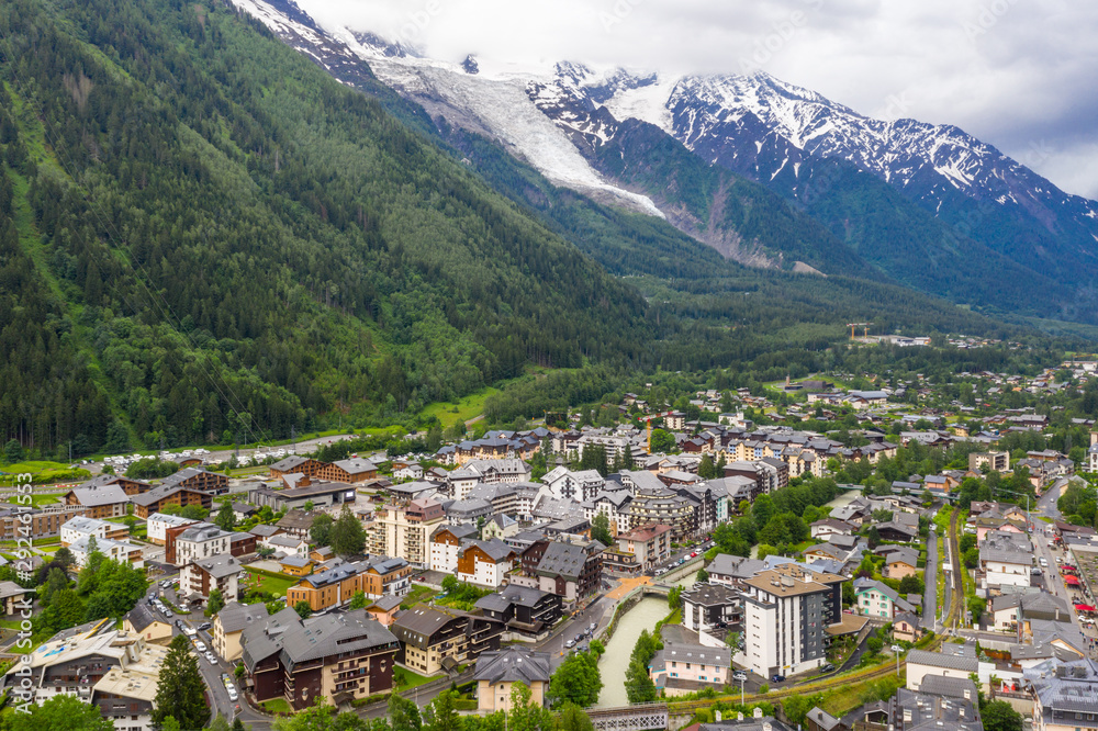 Spectacular aerial view of mountains and town of Chamonix