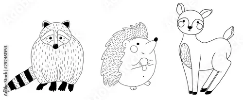 Panel kuchenny z motywem A set of hand drawn outline forest animals: racoon, deer, hedgehog