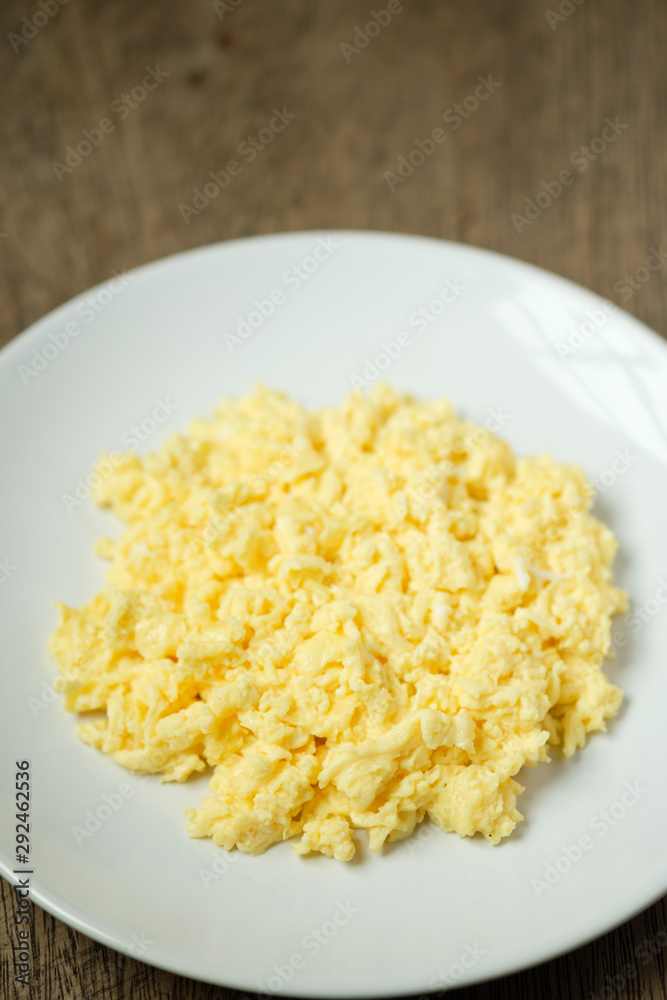 Scramble on a white plate with copy space