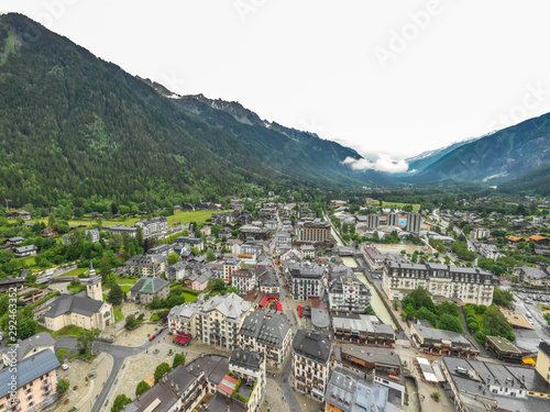 Impressive aerial view of Chamonix valley in summer season
