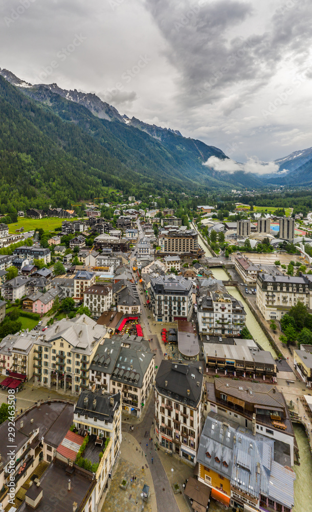 Aerial view of towns and villages at Chamonix valley