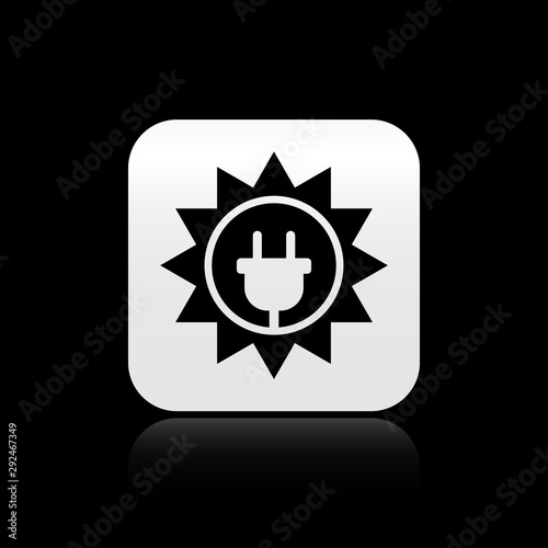 Black Solar energy panel icon isolated on black background. Sun and electric plug. Silver square button. Vector Illustration