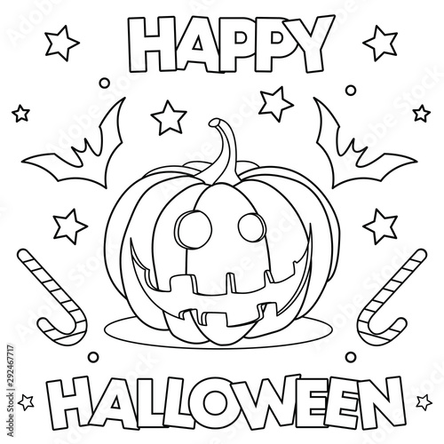 Coloring page. Black and white vector illustration with happy pumpkin ...
