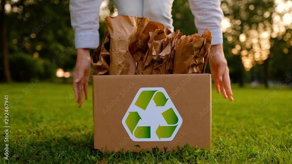 Young woman holds a box with paper bags with a recyclable raw material icon