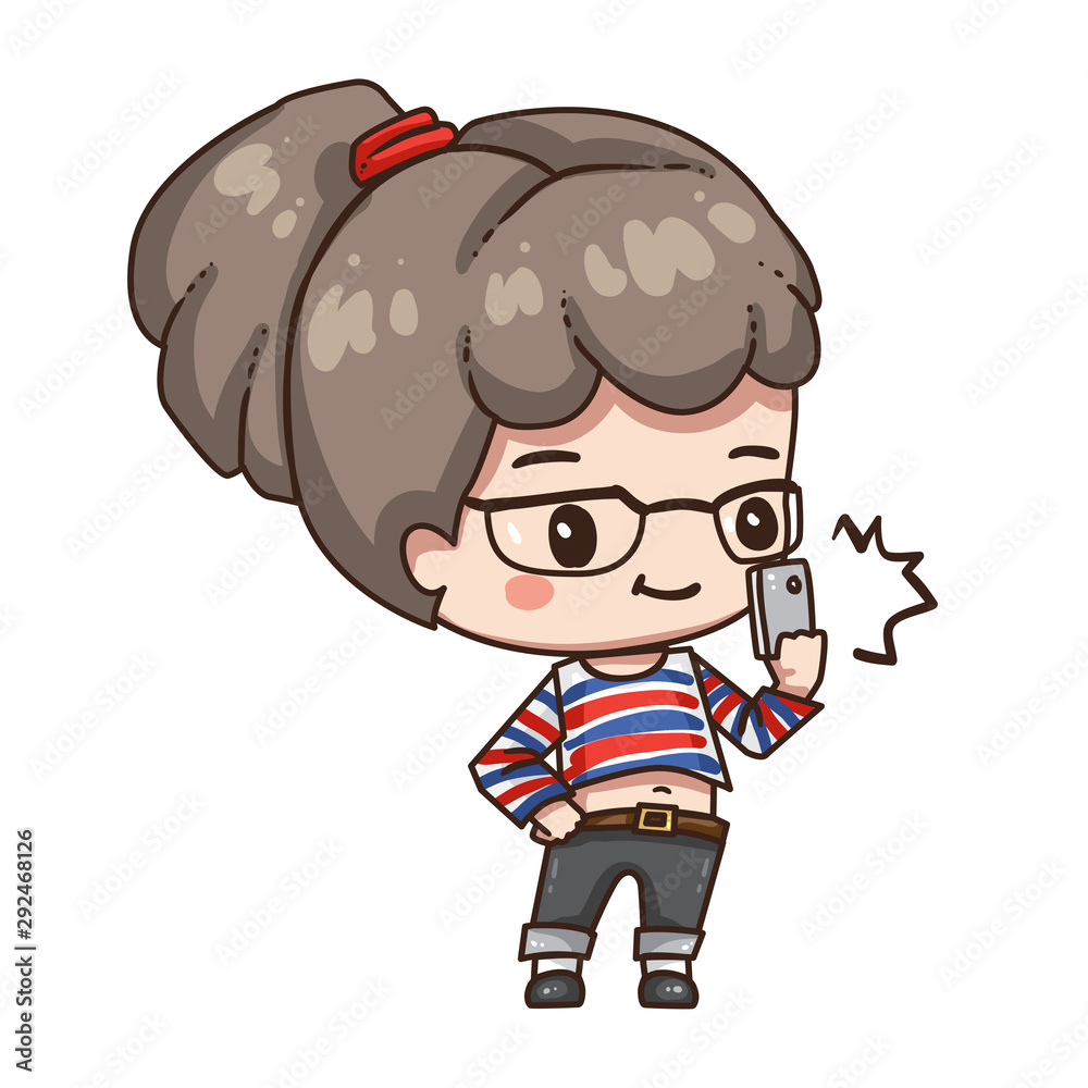 Vector illustration of cute chibi character isolated on white background. Cartoon little girl in eyeglasses holding phone in her hand. Vector illustration of cute chibi character isolated on white background. Cartoon little girl in eyeglasses holding phone in her hand.