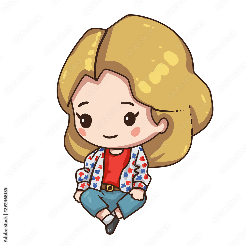 Vector illustration of cute chibi character isolated on white background.  Cartoon girl in blue jeans, white t-shirt with flower print. Girl in  sitting pose. Stock Vector | Adobe Stock