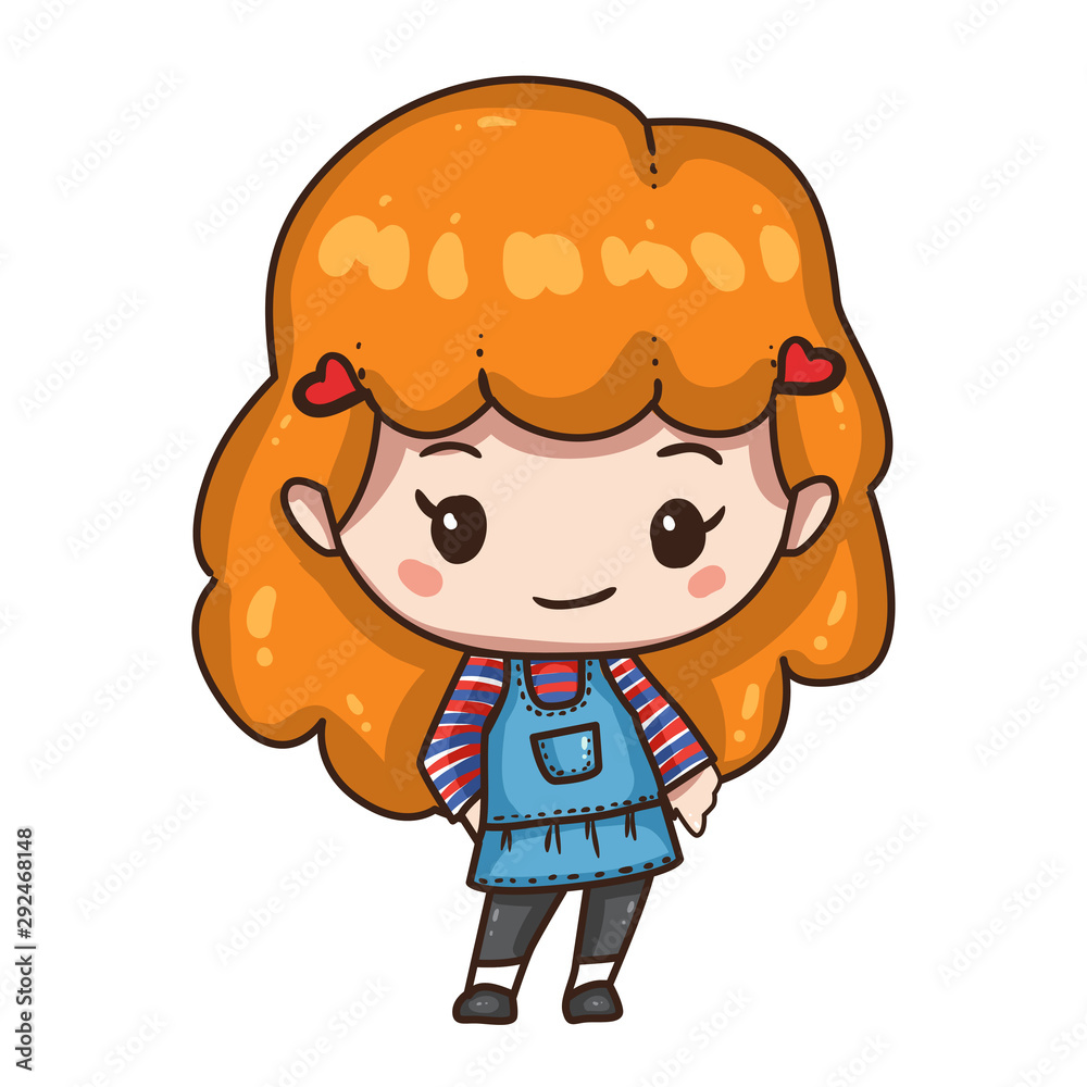 Vector illustration of cute chibi character isolated on white background. Cartoon little girl in denim sundress and long sleeve. Vector illustration of cute chibi character isolated on white background. Cartoon little girl in denim sundress and long sleeve.