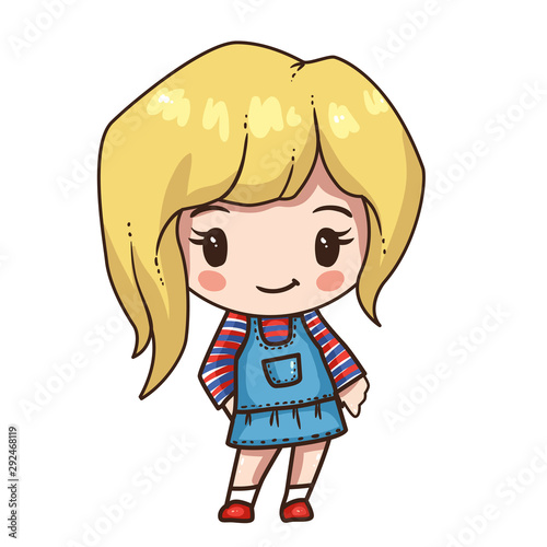 Vector illustration of cute chibi character isolated on white background. Cartoon little girl in denim sundress and long sleeve.