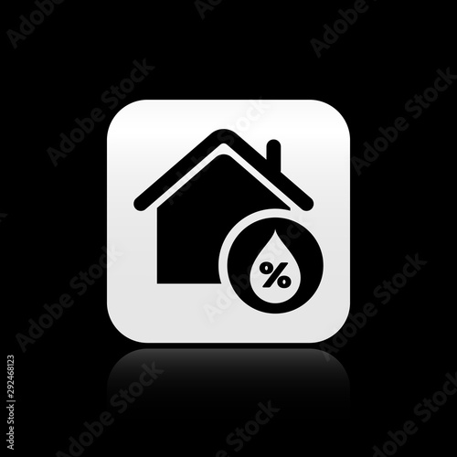 Black House humidity icon isolated on black background. Weather and meteorology, thermometer symbol. Silver square button. Vector Illustration