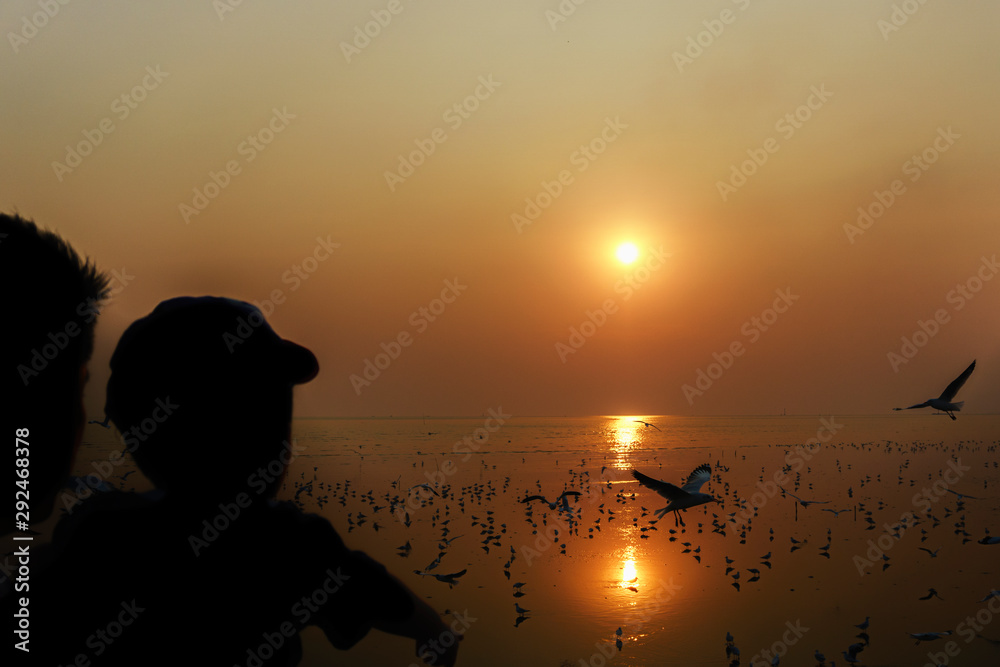 Fototapeta premium silhouette of man on the seagull at sunset