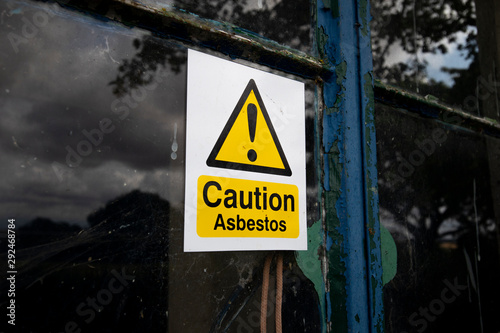 Asbestos warning sign, set of six naturally occurring silicate minerals made of microscopic fibres harmful when breathed in