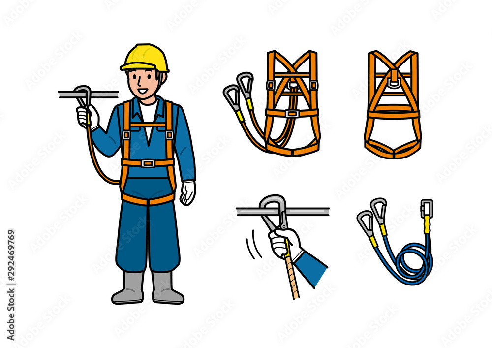 安全帯を装着した男性 ニッカポッカ 鳶職 作業員 高所作業 解説 安全帯 ベルト フルハーネス オレンジ Stock Vector Adobe Stock