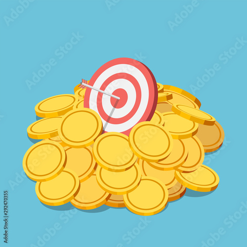Isometric business target with arrow in the center in gold coin pile