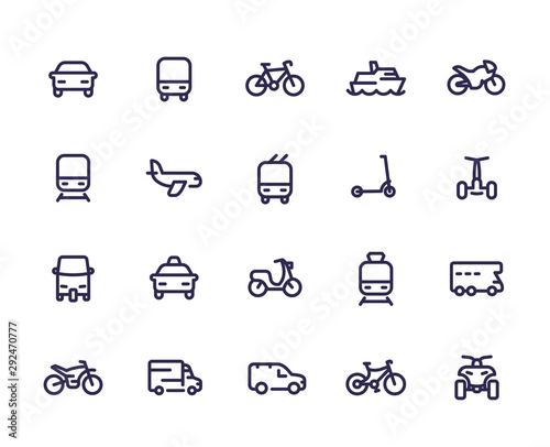 Valokuva Transport line icons set, cars, train, airplane, van, bike, motorbike, bus, taxi