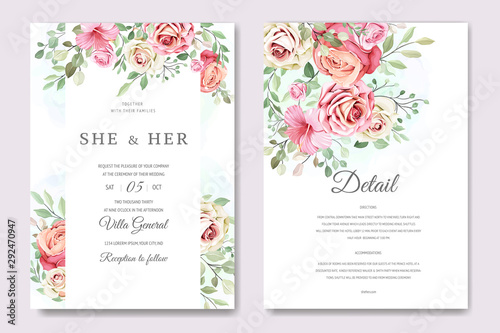 wedding and invitation card with floral and leaves template