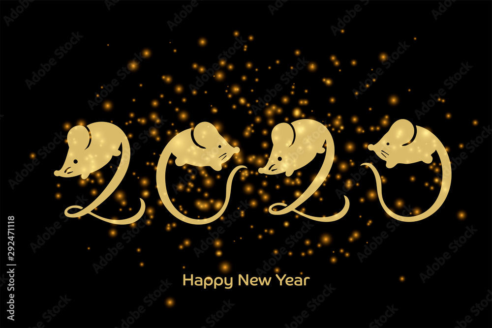 Vector Chinese New year greeting card with hand drawn mouse and lettering 2020 in gold with sparkles on black, illustration for Christmas and new year design, symbol of 2020 in Chinese calendar Vector Chinese New year greeting card with hand drawn mouse and lettering 2020 in gold with sparkles on black, illustration for Christmas and new year design, symbol of 2020 in Chinese calendar