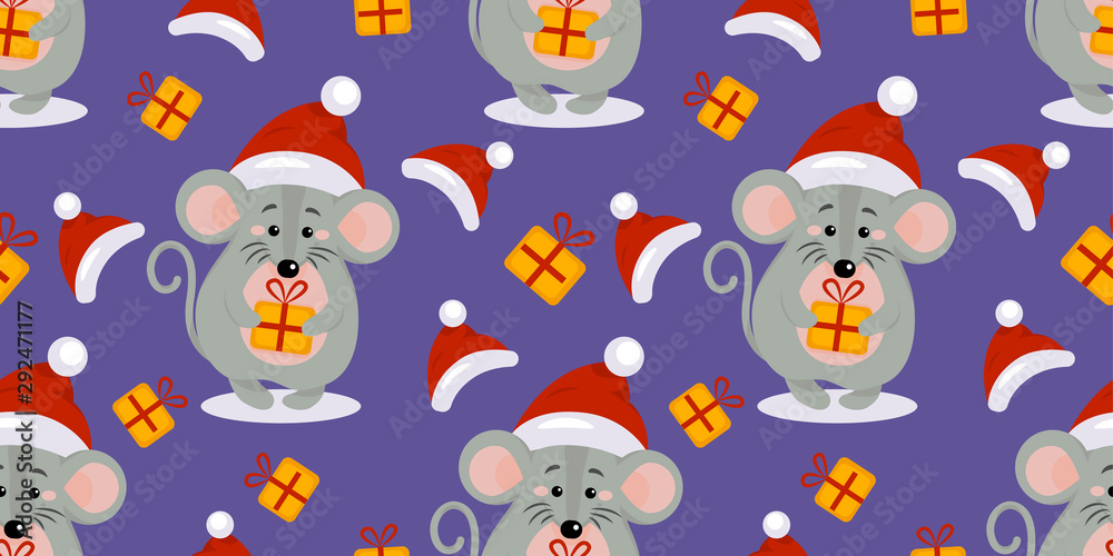 Vector New year and Christmas seamless pattern with the mouse in Santa hat and a gift in hands for New year 2020 greeting card, invitation, logo icon. Flat mouse symbol of 2020 in Chinese calendar