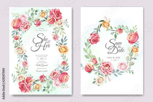 wedding and invitation card with floral and leaves template