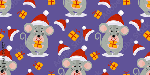 Vector New year and Christmas seamless pattern with the mouse in Santa hat and a gift in hands for New year 2020 greeting card, invitation, logo icon. Flat mouse symbol of 2020 in Chinese calendar