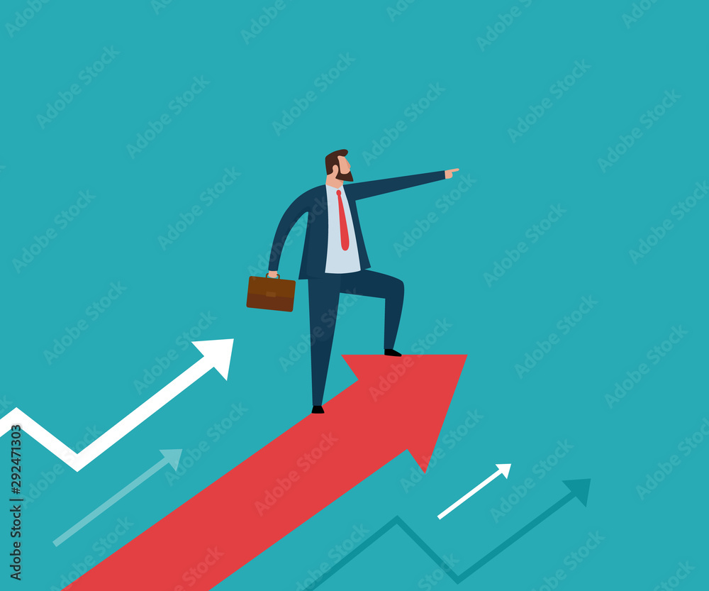 Manager standing on arrow. Leadership and successful goal achievement. Concept business vector illustration.
