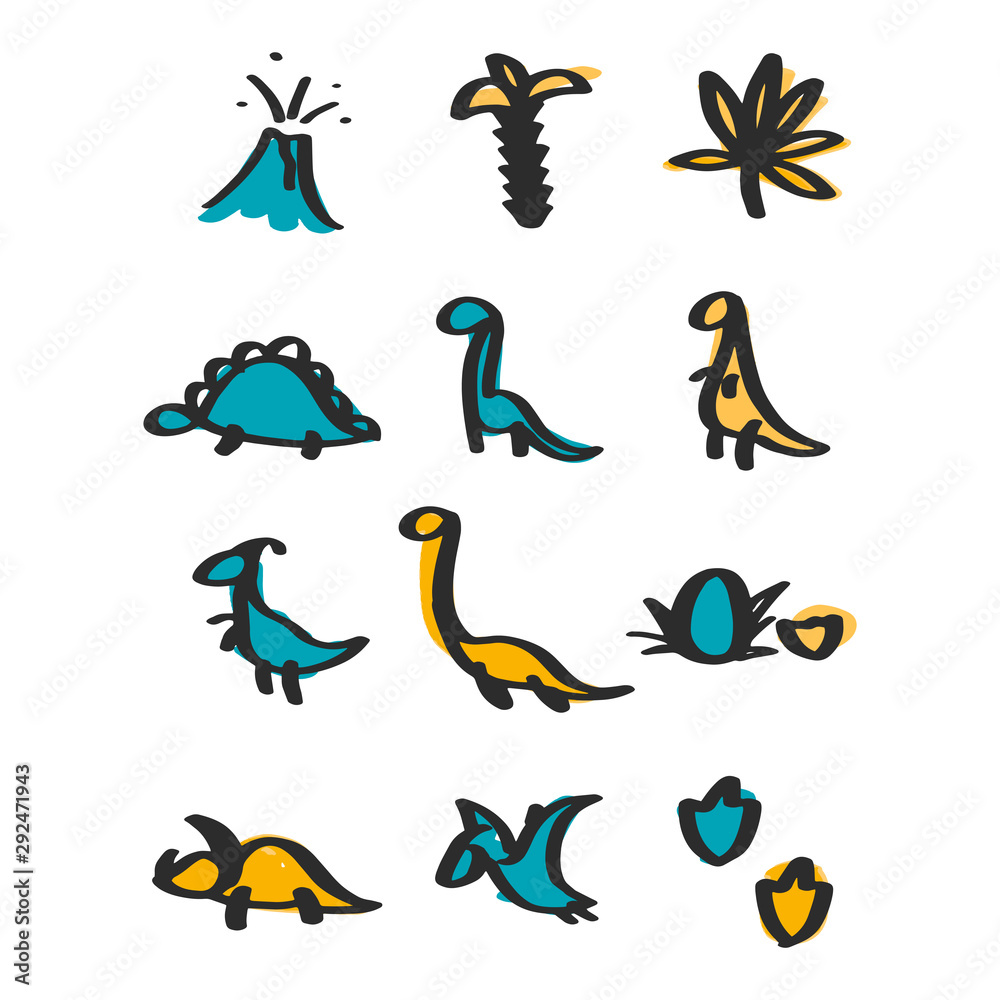 Vector hand drawn dinosaur set of icons in doodle style for children textile, logo. Icon set of different dino - tyrannosaurus, triceratops, pterodactylus, stegosaurus, diplodocus, egg, leaf, volcano