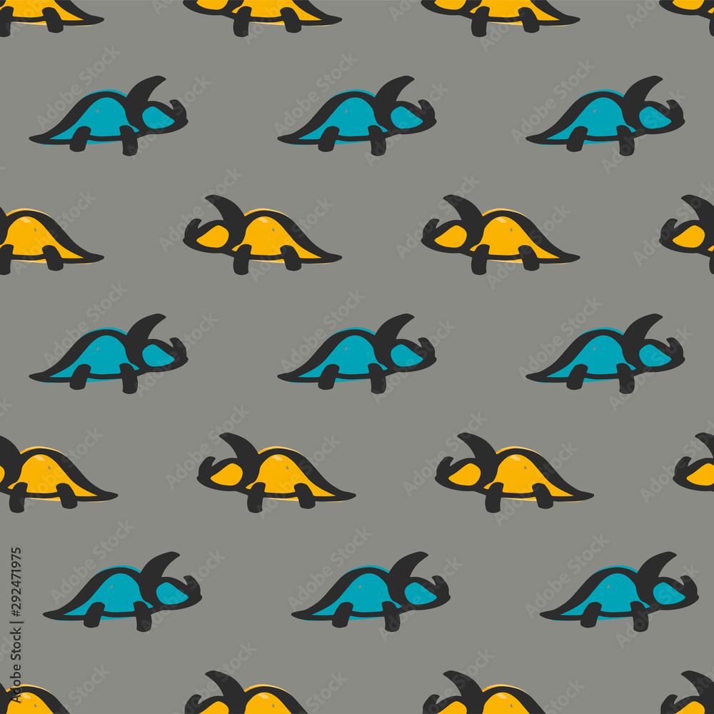 Obraz premium Vector doodle dinosaur seamless pattern in doodle style for children textile, logo. Icon set of different dino - triceratops