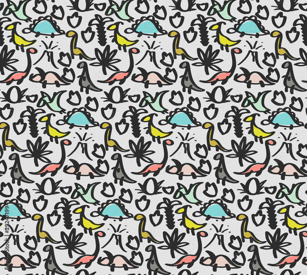 Vector doodle dinosaur seamless pattern in doodle style for children textile, logo. Icon set of different dino - tyrannosaurus, triceratops, pterodactylus, stegosaurus, diplodocus, egg, leaf, volcano