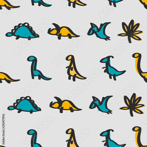 Vector doodle dinosaur seamless pattern in doodle style for children textile, logo. Icon set of different dino - tyrannosaurus, triceratops, pterodactylus, stegosaurus, diplodocus, tropical leaf