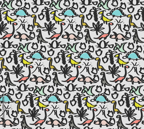 Vector doodle dinosaur seamless pattern in doodle style for children textile  logo. Icon set of different dino - tyrannosaurus  triceratops  pterodactylus  stegosaurus  diplodocus  egg  leaf  volcano