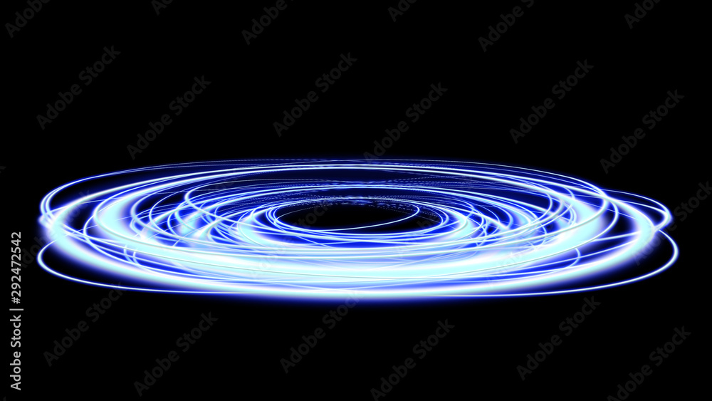 Magic portal. Space travel concept, funnel-shaped tunnel that can connect one universe with another. Blue rays of a black scene with sparks. Space tunnel. Futuristic teleport. 3d illustration - obrazy, fototapety, plakaty 