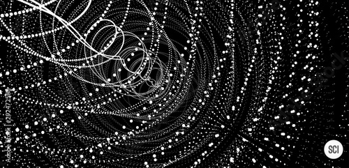 Array with dynamic particles. Swirl with connected dots. Abstract science or technology background. 3d vector illustration.