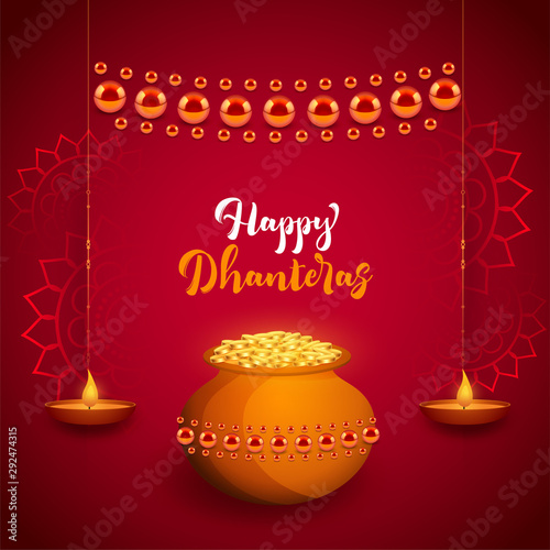 beautiful happy dhanteras festival card with diya decoration photo