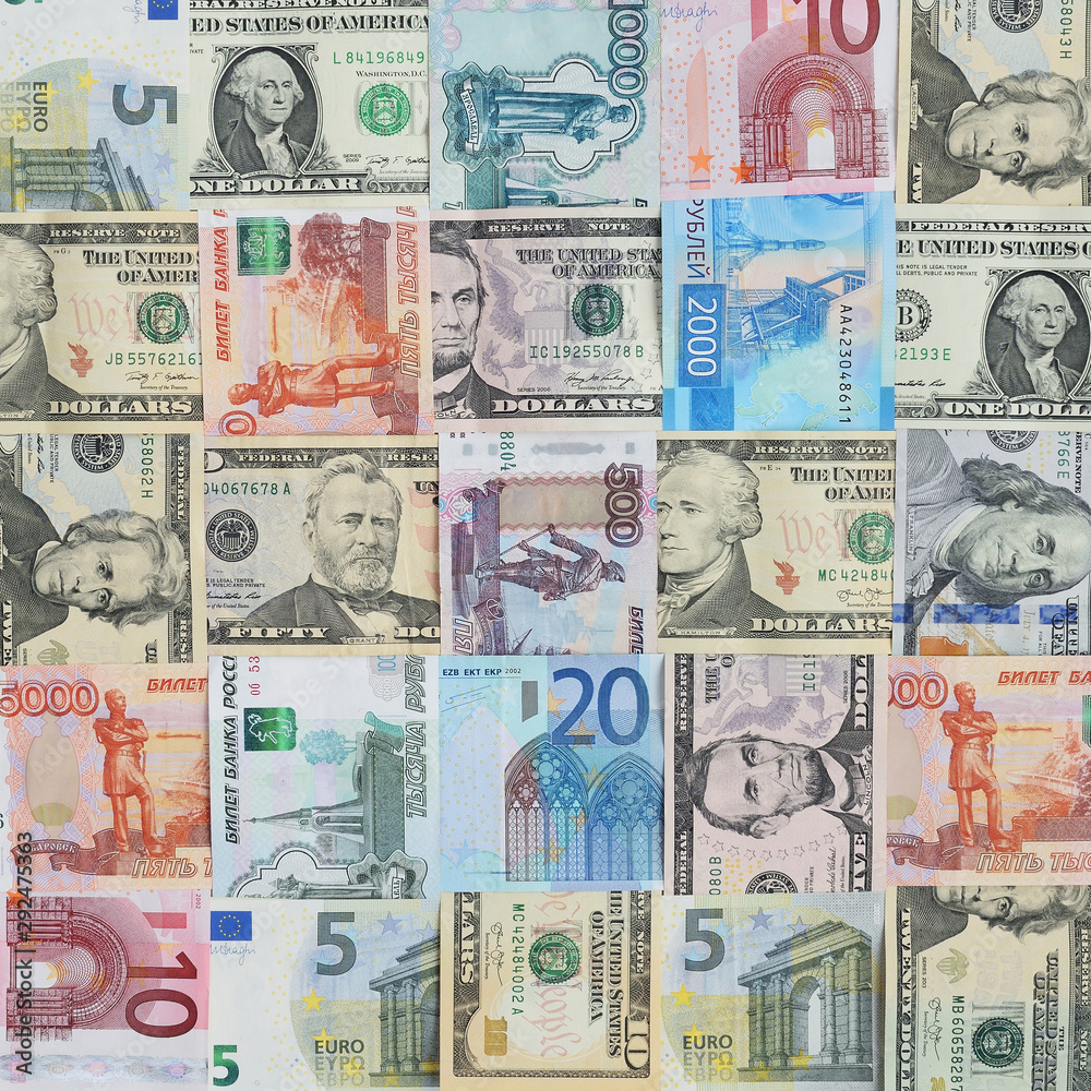Dollar, euro and ruble banknotes. Square money background