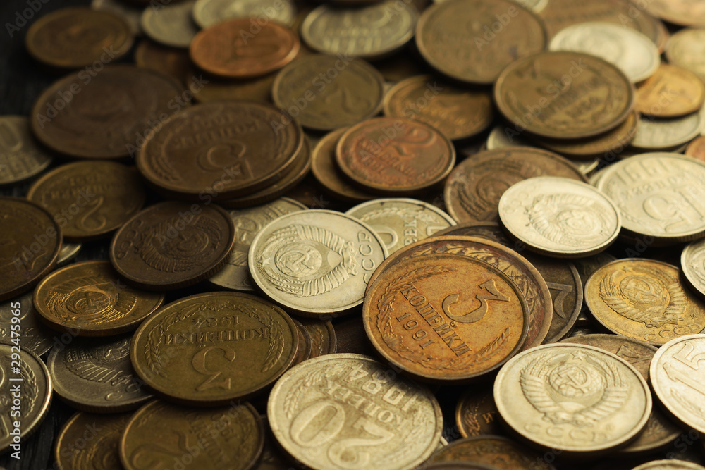 Collection of old USSR (Soviet Union, Communist Russia) coins. Kopeck coins background. Top view Collection of old USSR (Soviet Union, Communist Russia) coins. Kopeck coins background. Top view