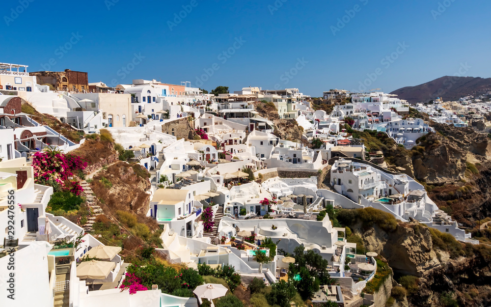 scenic view of the atoll Santorini , picturesque greek town with white buildings