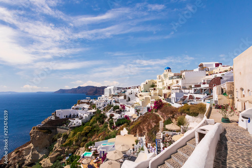 scenic view of the atoll Santorini , picturesque greek town with white buildings