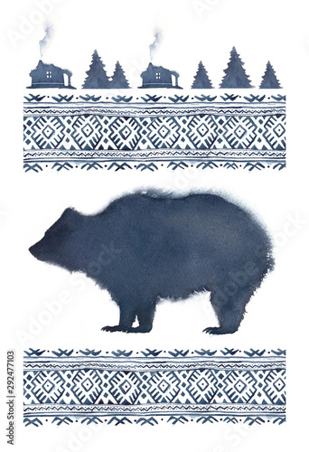 Watercolor illustration in blue colors with the silhouette of a bear and a northern pattern.