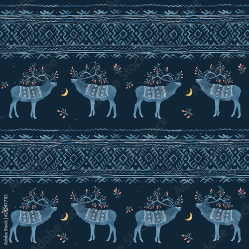 Seamless pattern with watercolor winter Scandinavian deer and national ornament in blue colors on a black background