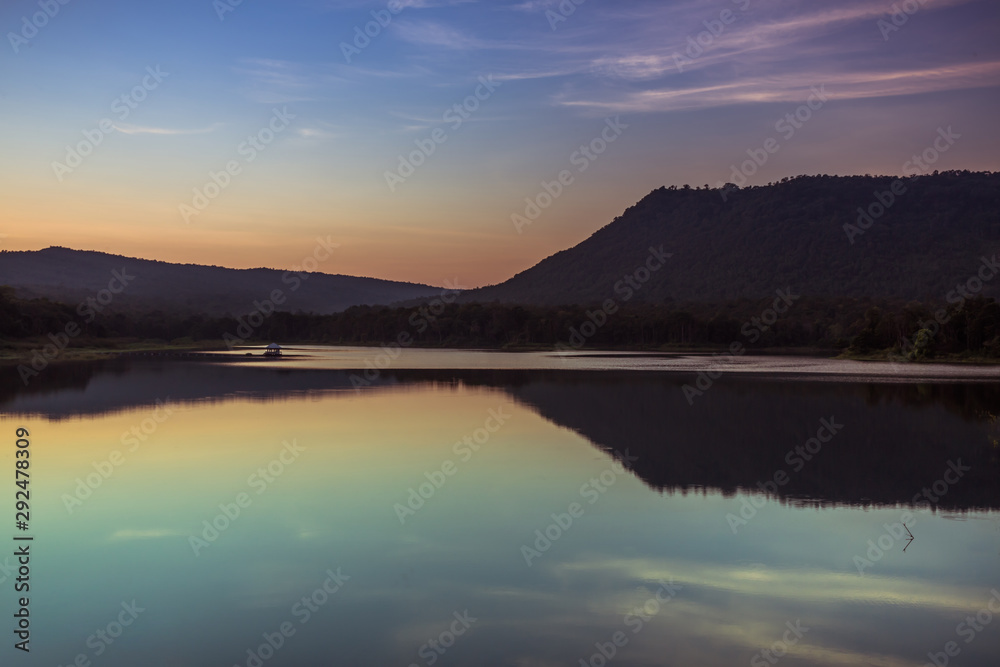 Reflection of a Mountain in Thailand. Mountains reflecting in water. Lake landscape. Huai Lao Yang Reservoir Royal Project at Nong Bua Lamphu Province Thailand